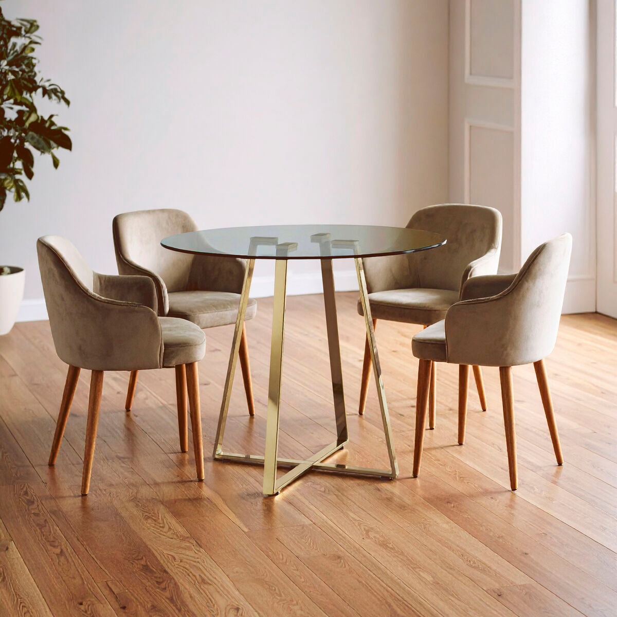 Clear Glass Top and Gold Finish Round Steel Dining Table, Metropolitan