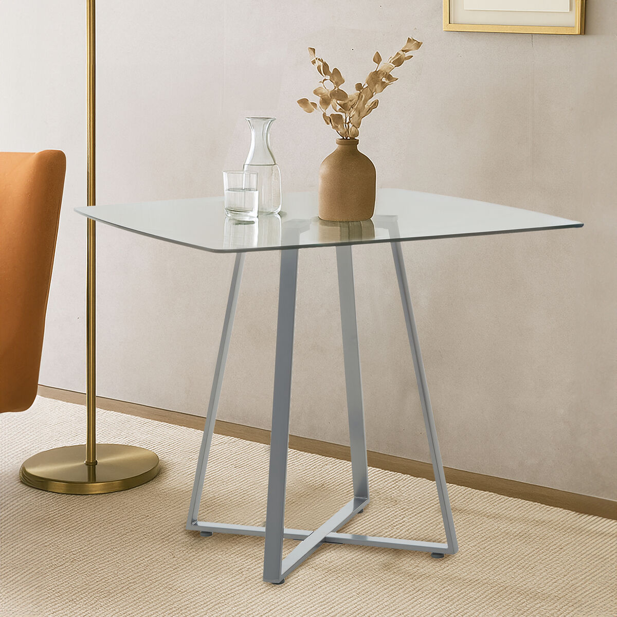 Clear Glass Top and Matte Grey Steel Square Dining Table, Metropolitan