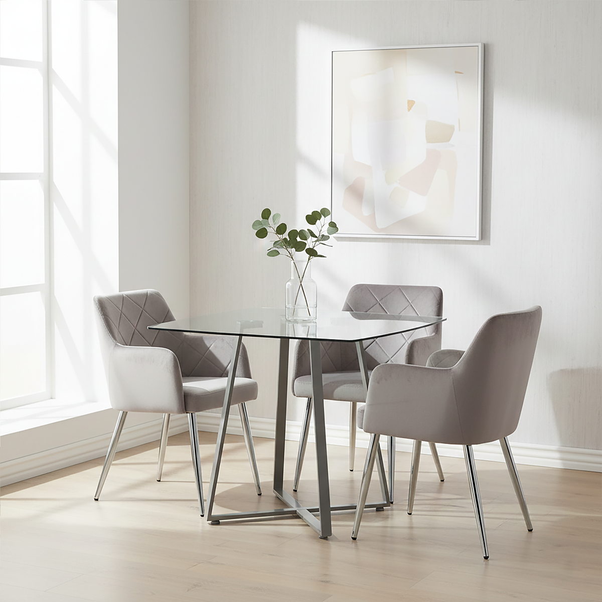 Clear Glass Top and Matte Grey Steel Square Dining Table, Metropolitan
