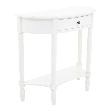 Half Moon White Wooden Console Table with One Drawer and Lower Shelf, Heritage