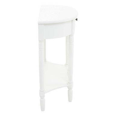 Half Moon White Wooden Console Table with One Drawer and Lower Shelf, Heritage