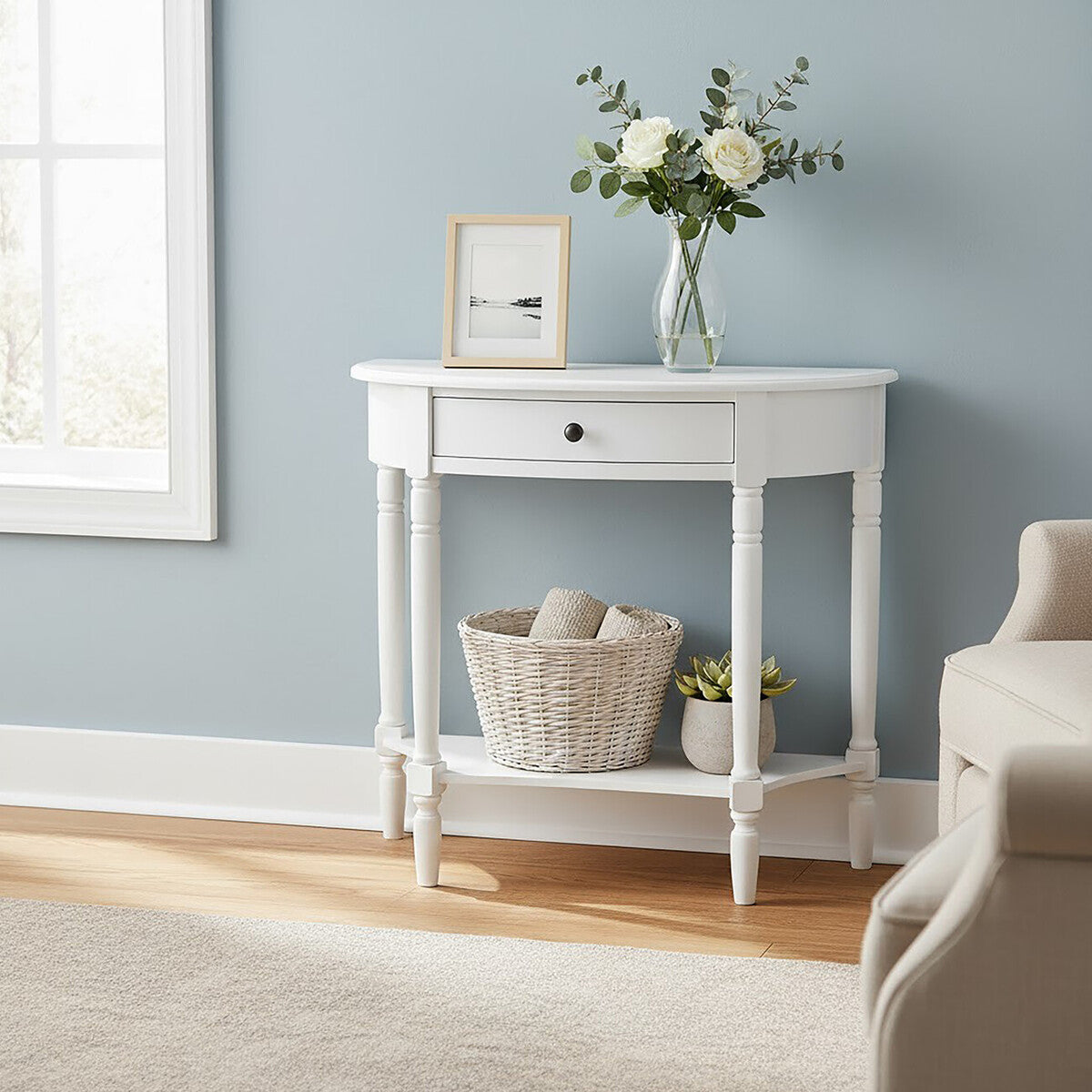 Half Moon White Wooden Console Table with One Drawer and Lower Shelf, Heritage