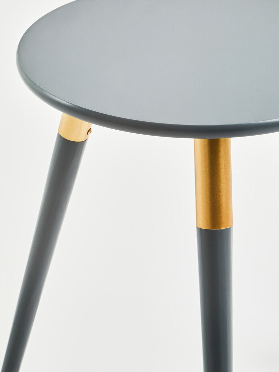Dark Grey Round Top Wooden Side Table with Natural Wood Legs and Gold Trim, Nostra