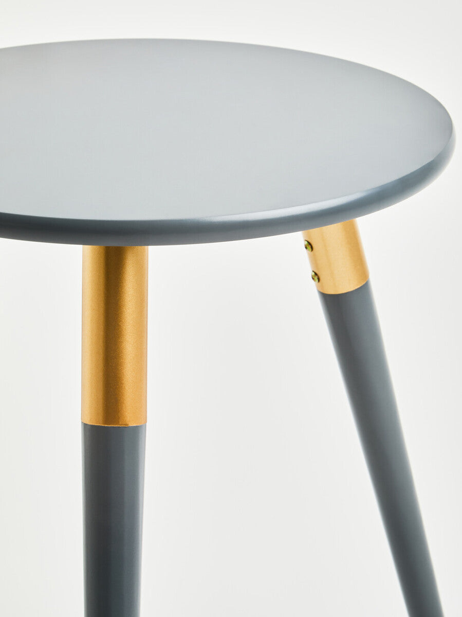 Dark Grey Round Top Wooden Side Table with Natural Wood Legs and Gold Trim, Nostra
