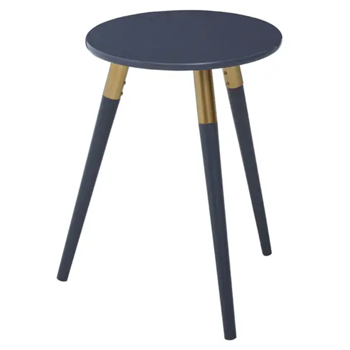 Dark Grey Round Top Wooden Side Table with Natural Wood Legs and Gold Trim, Nostra