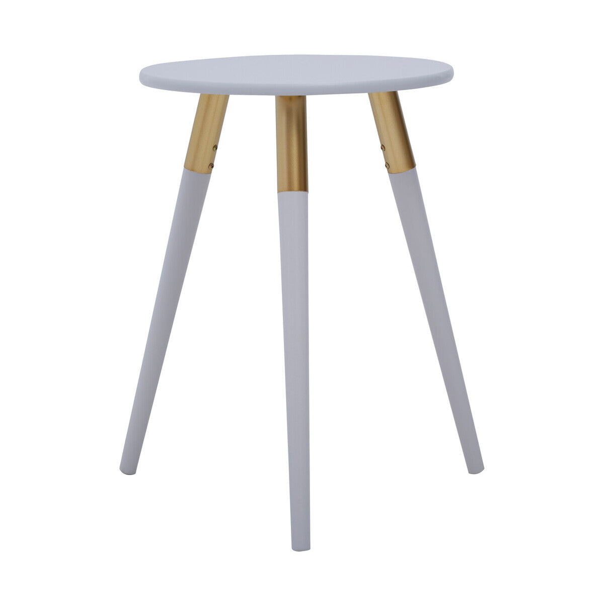 Light Grey Round Top Wooden Side Table with Natural Wood Legs and Gold Trim, Nostra