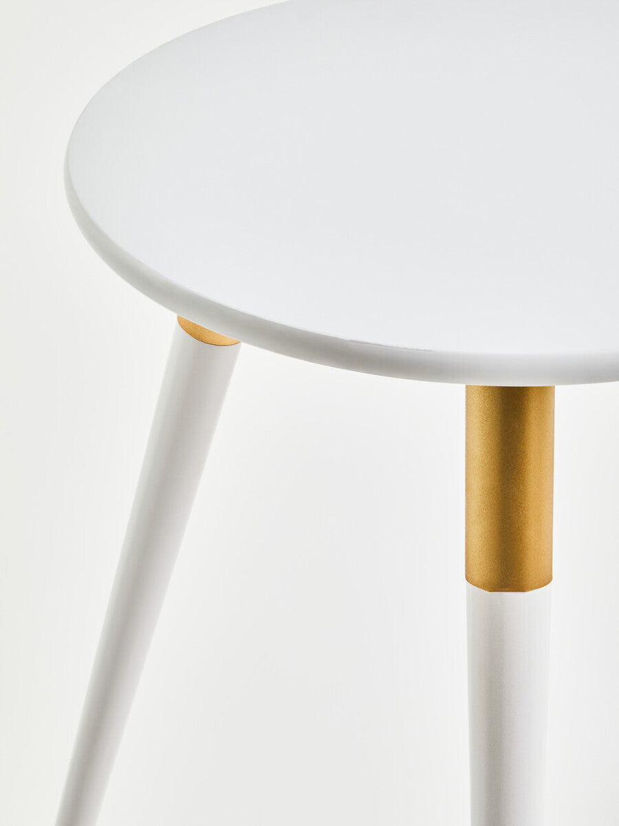 Light Grey Round Top Wooden Side Table with Natural Wood Legs and Gold Trim, Nostra