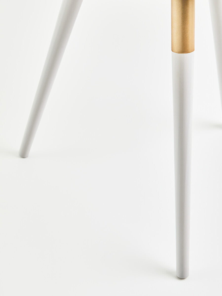 Light Grey Round Top Wooden Side Table with Natural Wood Legs and Gold Trim, Nostra