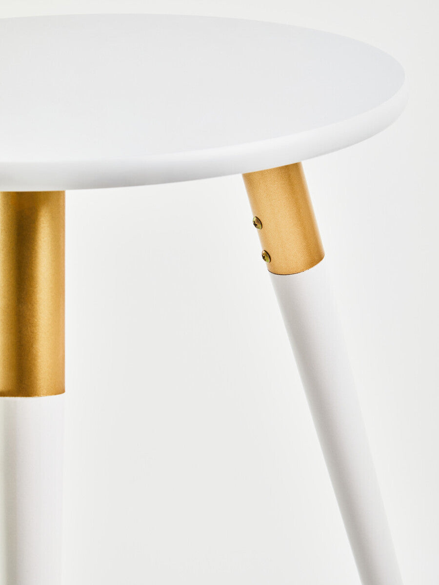 Light Grey Round Top Wooden Side Table with Natural Wood Legs and Gold Trim, Nostra