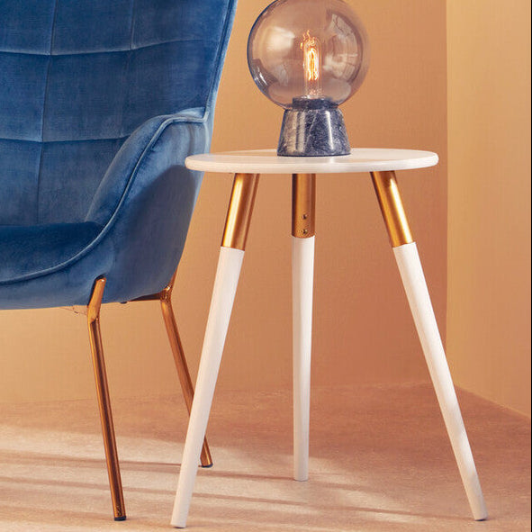 Light Grey Round Top Wooden Side Table with Natural Wood Legs and Gold Trim, Nostra