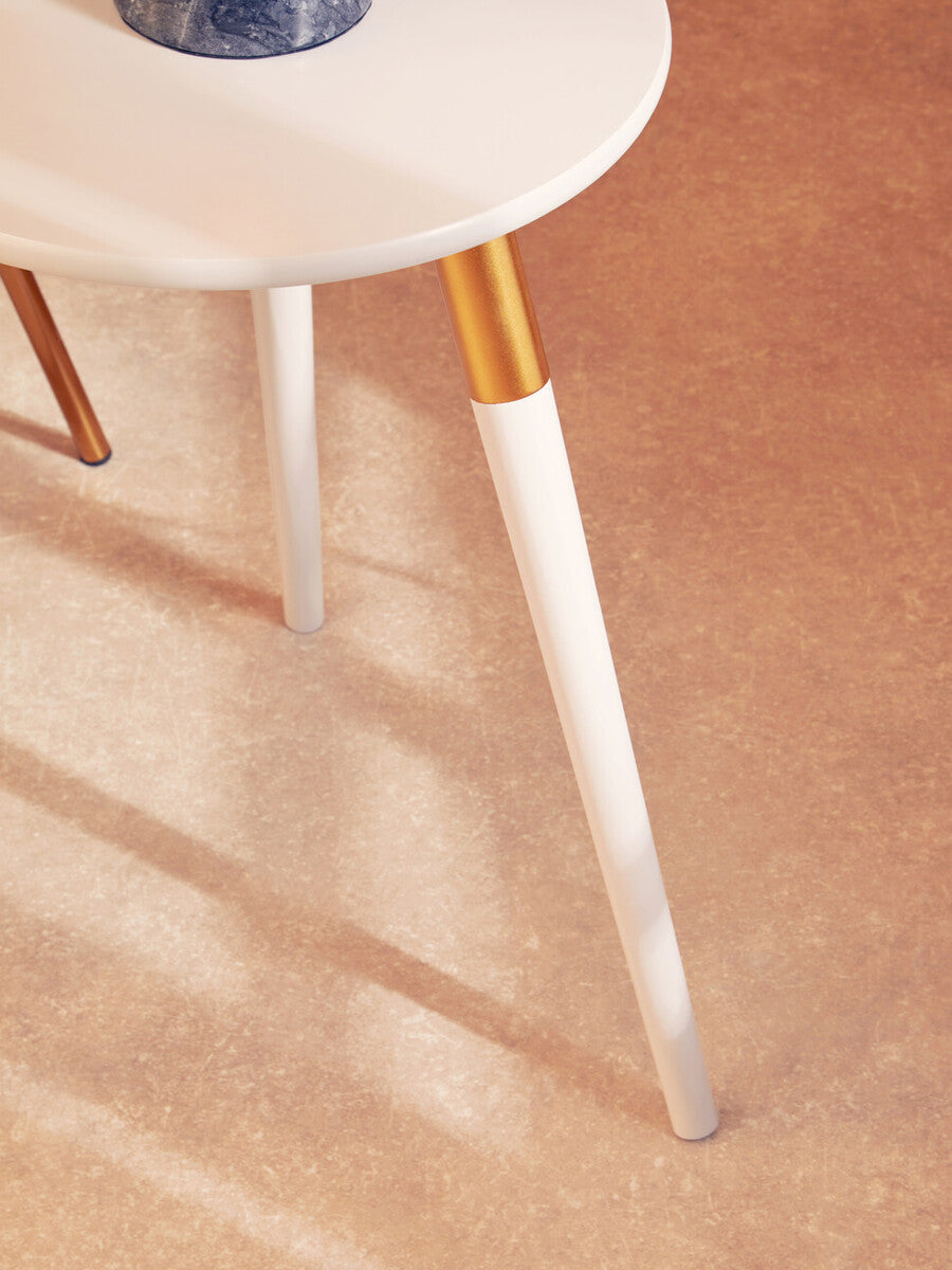 Light Grey Round Top Wooden Side Table with Natural Wood Legs and Gold Trim, Nostra