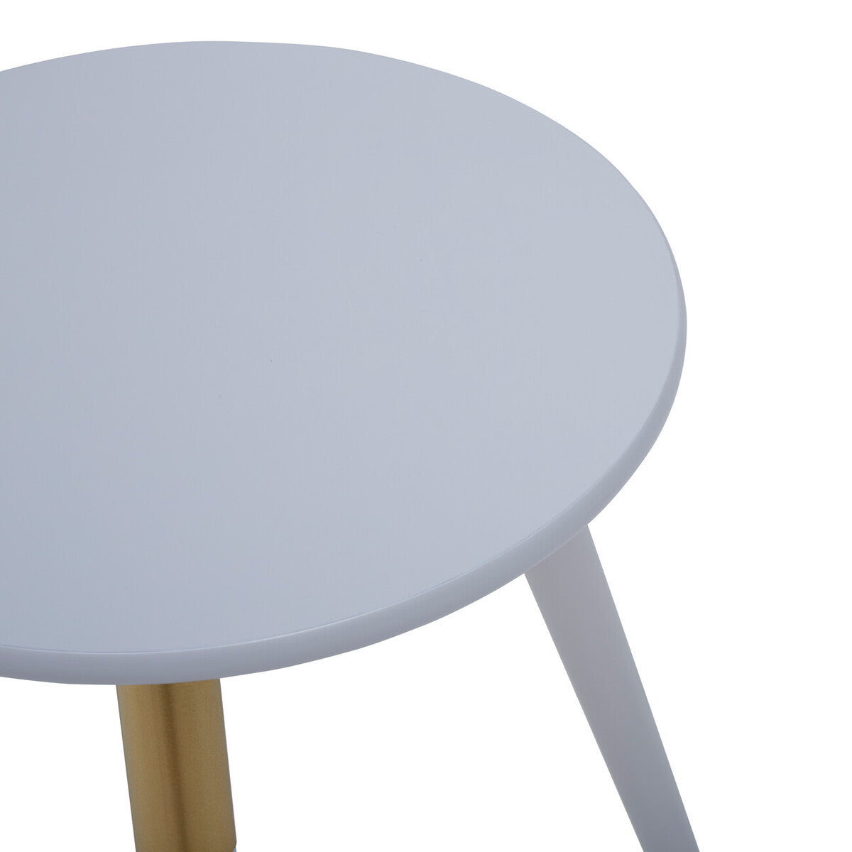 Light Grey Round Top Wooden Side Table with Natural Wood Legs and Gold Trim, Nostra