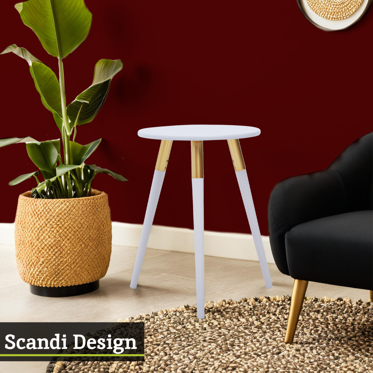 Light Grey Round Top Wooden Side Table with Natural Wood Legs and Gold Trim, Nostra