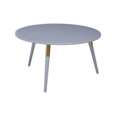 Light Grey Round Top Wooden Coffee Table with Natural Wood Legs and Gold Trim, Nostra