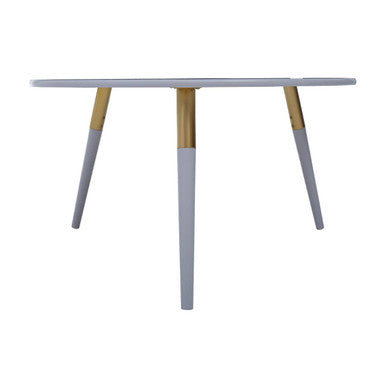 Light Grey Round Top Wooden Coffee Table with Natural Wood Legs and Gold Trim, Nostra
