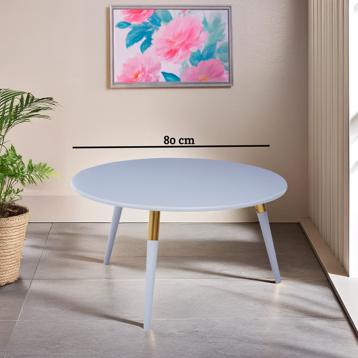 Light Grey Round Top Wooden Coffee Table with Natural Wood Legs and Gold Trim, Nostra