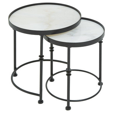 Set of 2 Black Frame and White Marble Top Round Nesting Side Tables, Arcana