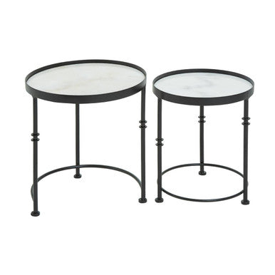 Set of 2 Black Frame and White Marble Top Round Nesting Side Tables, Arcana