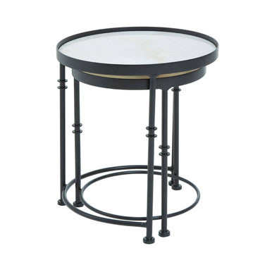 Set of 2 Black Frame and White Marble Top Round Nesting Side Tables, Arcana