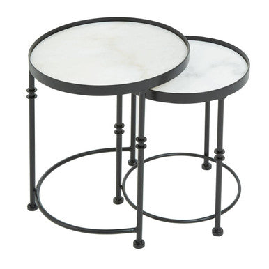 Set of 2 Black Frame and White Marble Top Round Nesting Side Tables, Arcana