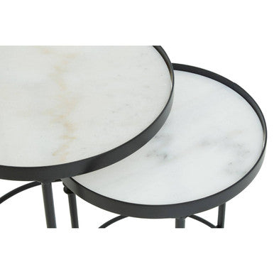 Set of 2 Black Frame and White Marble Top Round Nesting Side Tables, Arcana