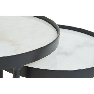 Set of 2 Black Frame and White Marble Top Round Nesting Side Tables, Arcana