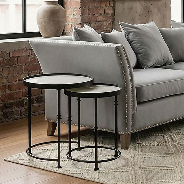 Set of 2 Black Frame and White Marble Top Round Nesting Side Tables, Arcana