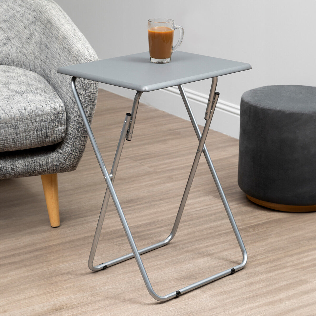 Grey Wooden Top Folding Table with Silver Frame, Bernie
