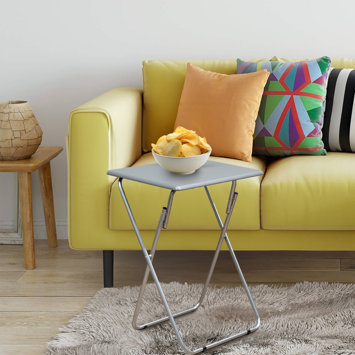 Grey Wooden Top Folding Table with Silver Frame, Bernie