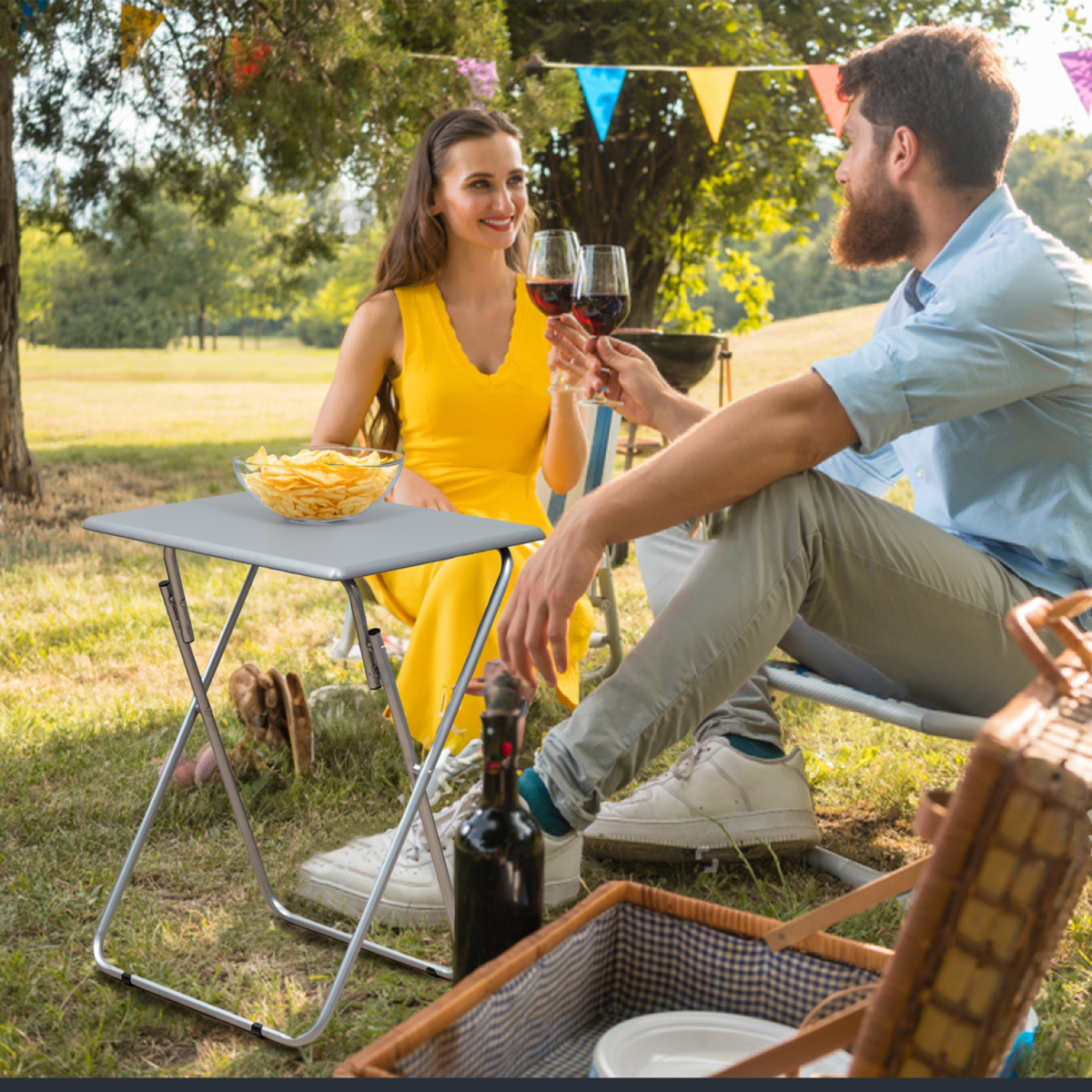 Grey Wooden Top Folding Table with Silver Frame, Bernie