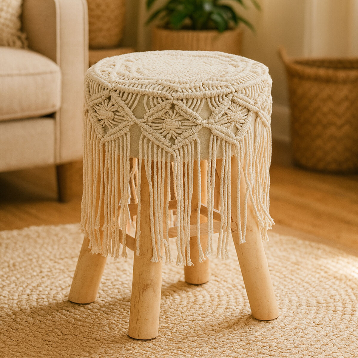 West Village Natural Fabric Stool with Wood Frame