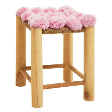 West Village Pink Jute Stool with Pom Pom Detail