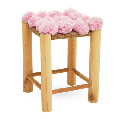 West Village Pink Jute Stool with Pom Pom Detail