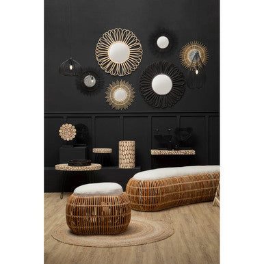 Natural Fir Wood Disc Mosaic Oval Coffee Table with Black Metal Hairpin Legs, Lacuna