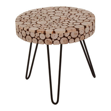 Natural Fir Wood Disc Mosaic Round Coffee Table with Black Metal Hairpin Legs, Lacuna