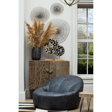Natural Fir Wood Disc Mosaic Round Coffee Table with Black Metal Hairpin Legs, Lacuna