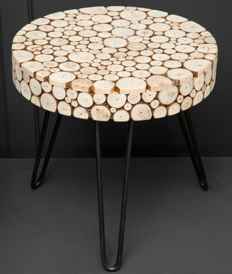Natural Fir Wood Disc Mosaic Round Coffee Table with Black Metal Hairpin Legs, Lacuna