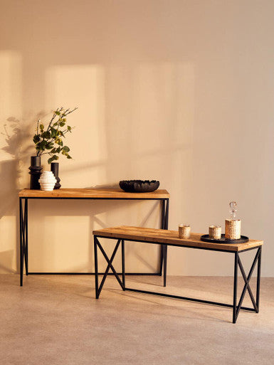 Natural Fir Wood Top Console Table with Black Metal Legs, Kickford