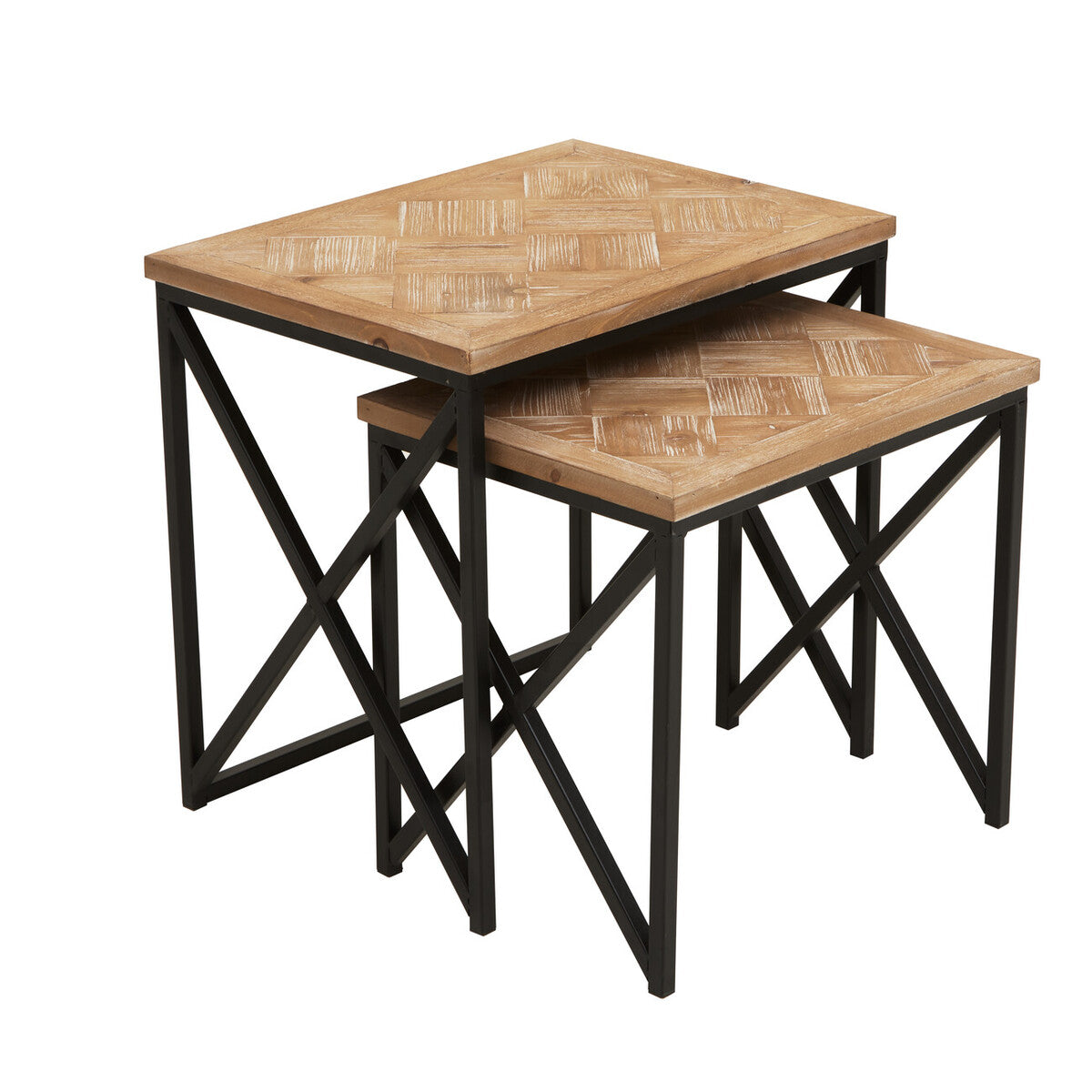 Natural Parquet Fir Wood Set of Two Nesting Tables with Black Metal Frame, Kickford