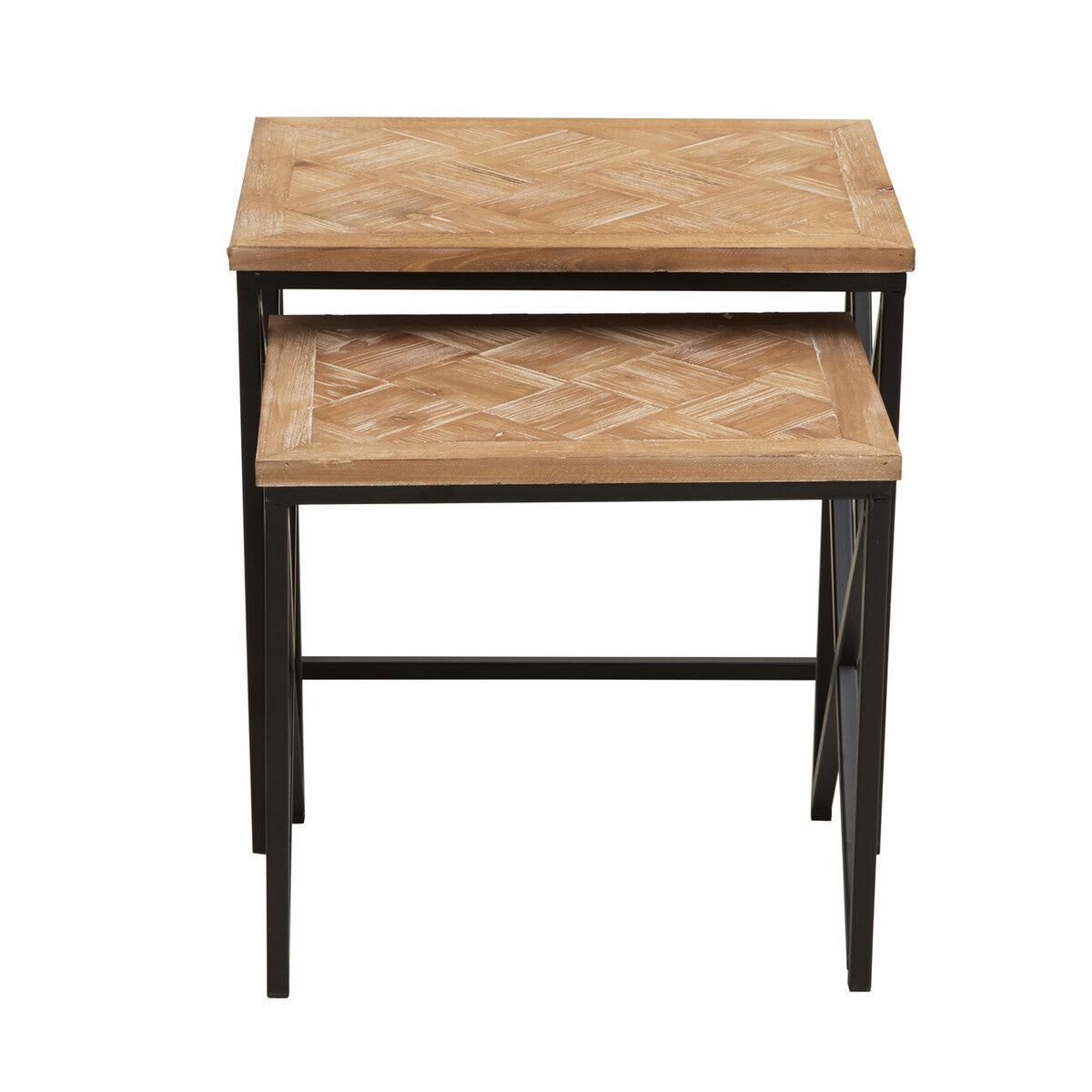 Natural Parquet Fir Wood Set of Two Nesting Tables with Black Metal Frame, Kickford