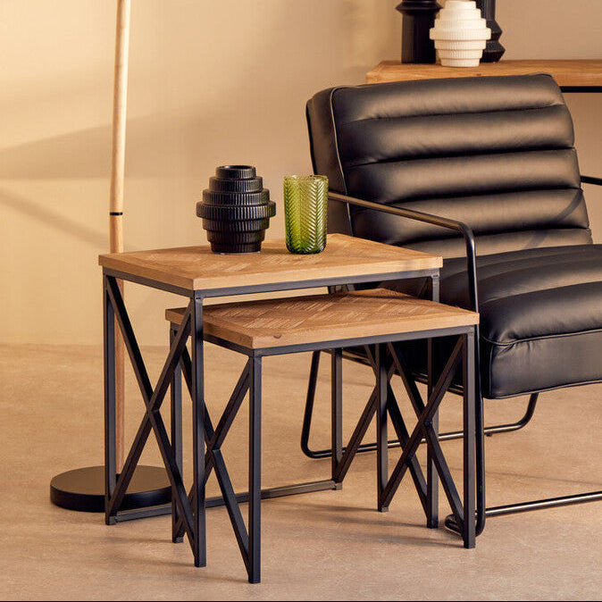 Natural Parquet Fir Wood Set of Two Nesting Tables with Black Metal Frame, Kickford