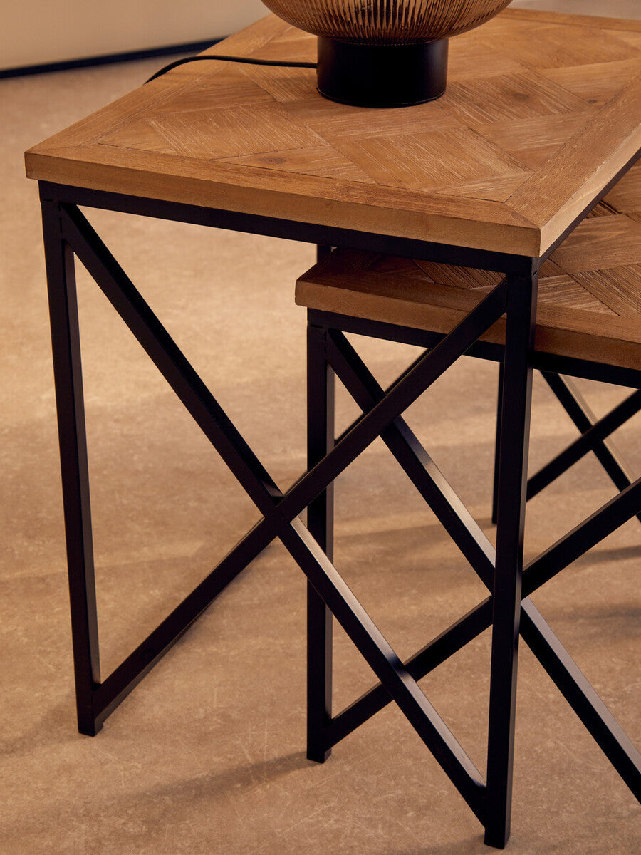 Natural Parquet Fir Wood Set of Two Nesting Tables with Black Metal Frame, Kickford