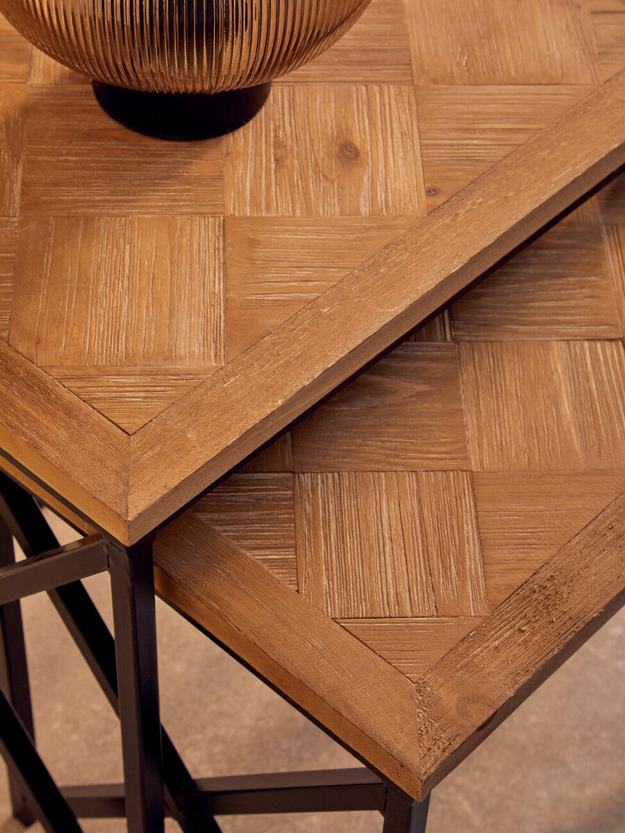 Natural Parquet Fir Wood Set of Two Nesting Tables with Black Metal Frame, Kickford