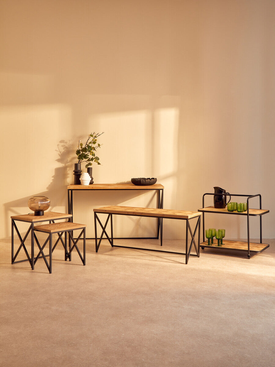 Natural Parquet Fir Wood Set of Two Nesting Tables with Black Metal Frame, Kickford