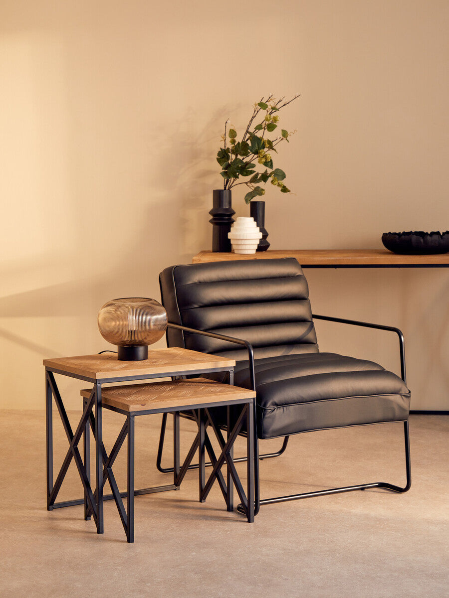 Natural Parquet Fir Wood Set of Two Nesting Tables with Black Metal Frame, Kickford
