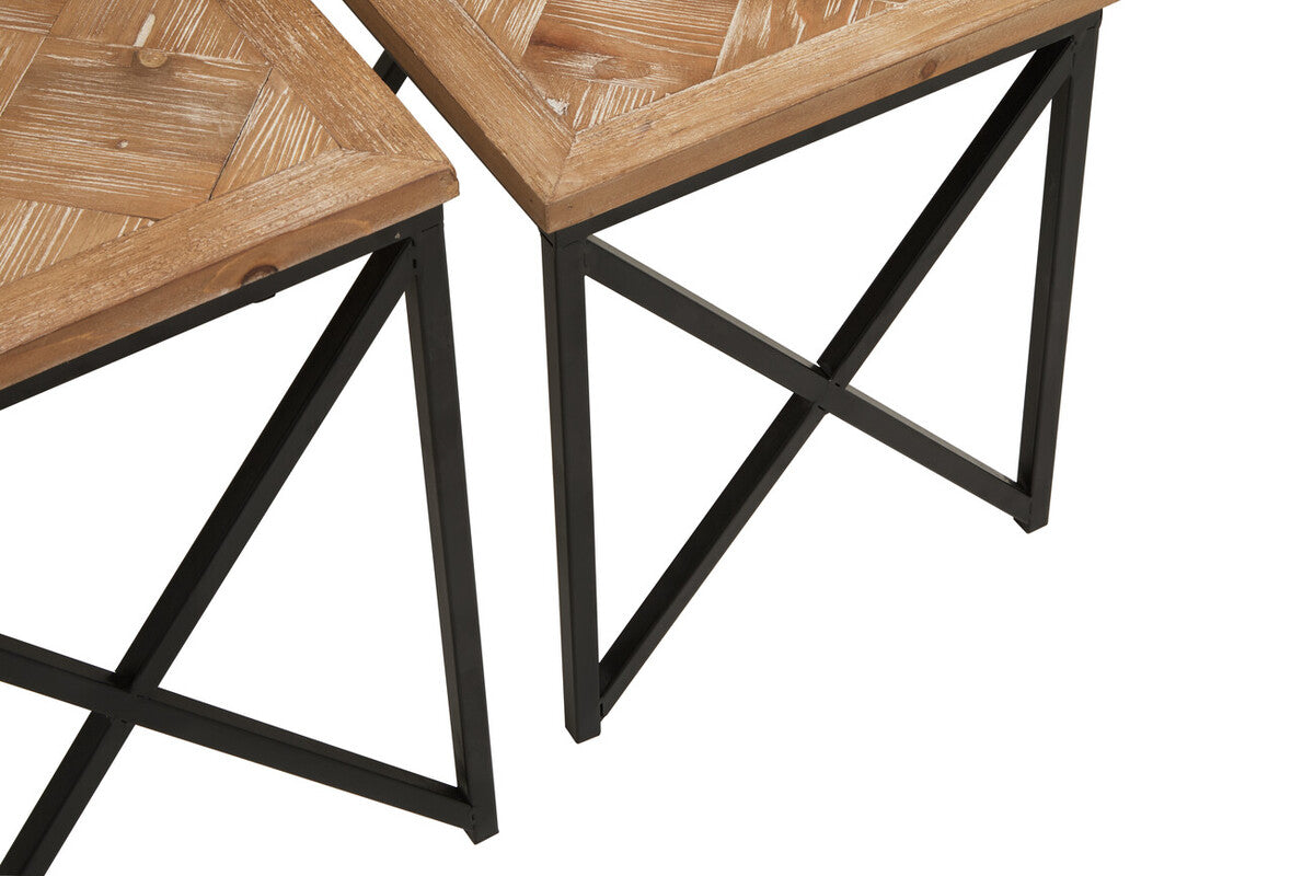 Natural Parquet Fir Wood Set of Two Nesting Tables with Black Metal Frame, Kickford