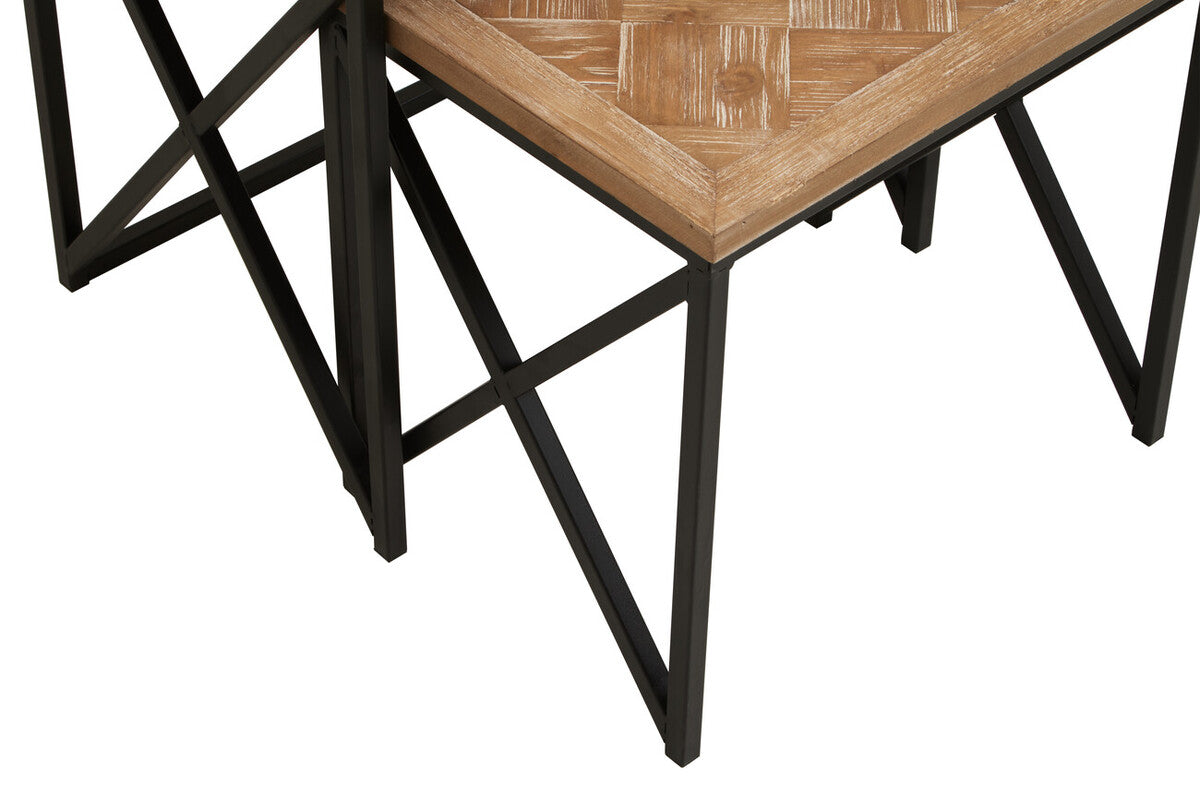 Natural Parquet Fir Wood Set of Two Nesting Tables with Black Metal Frame, Kickford