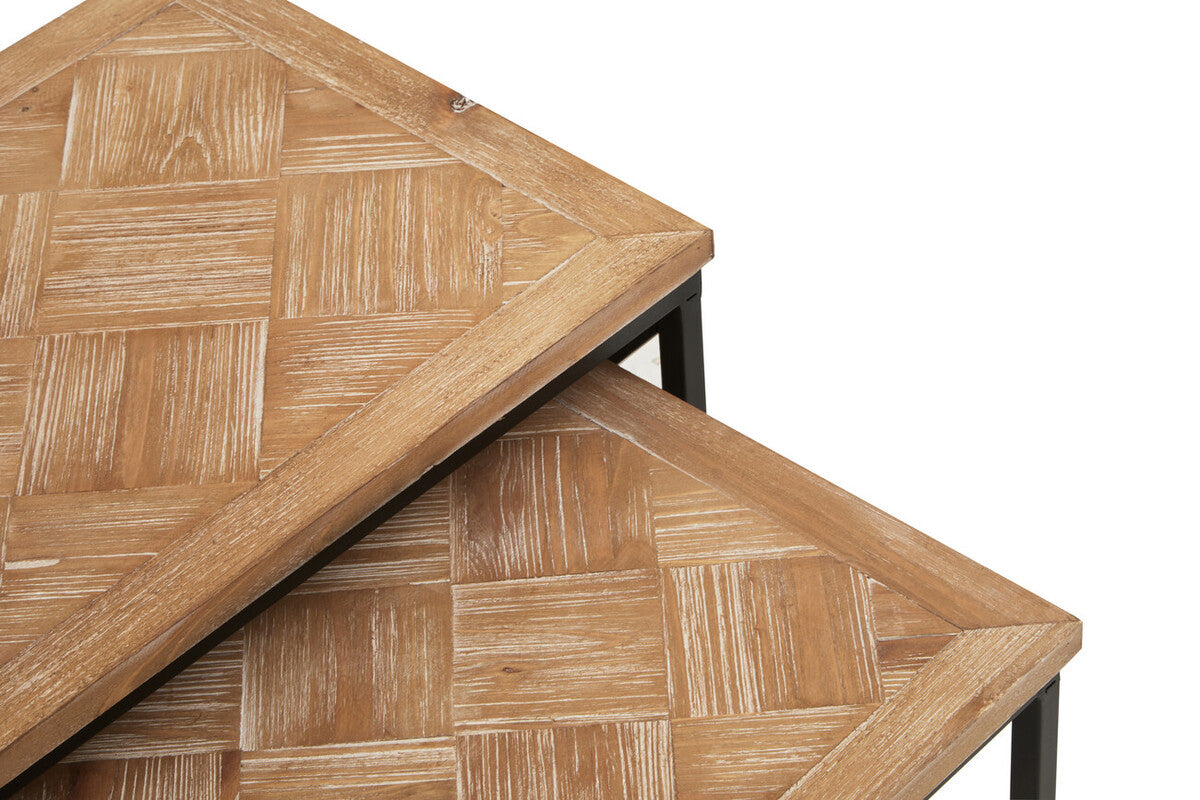 Natural Parquet Fir Wood Set of Two Nesting Tables with Black Metal Frame, Kickford