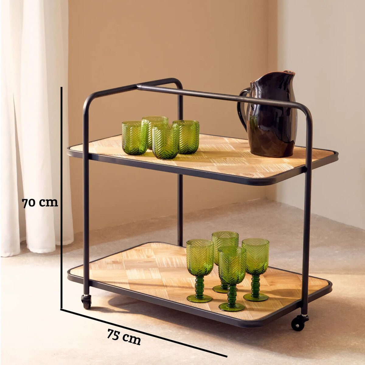Natural 2 Tier Trolley with Parquet Pattern, Kickford