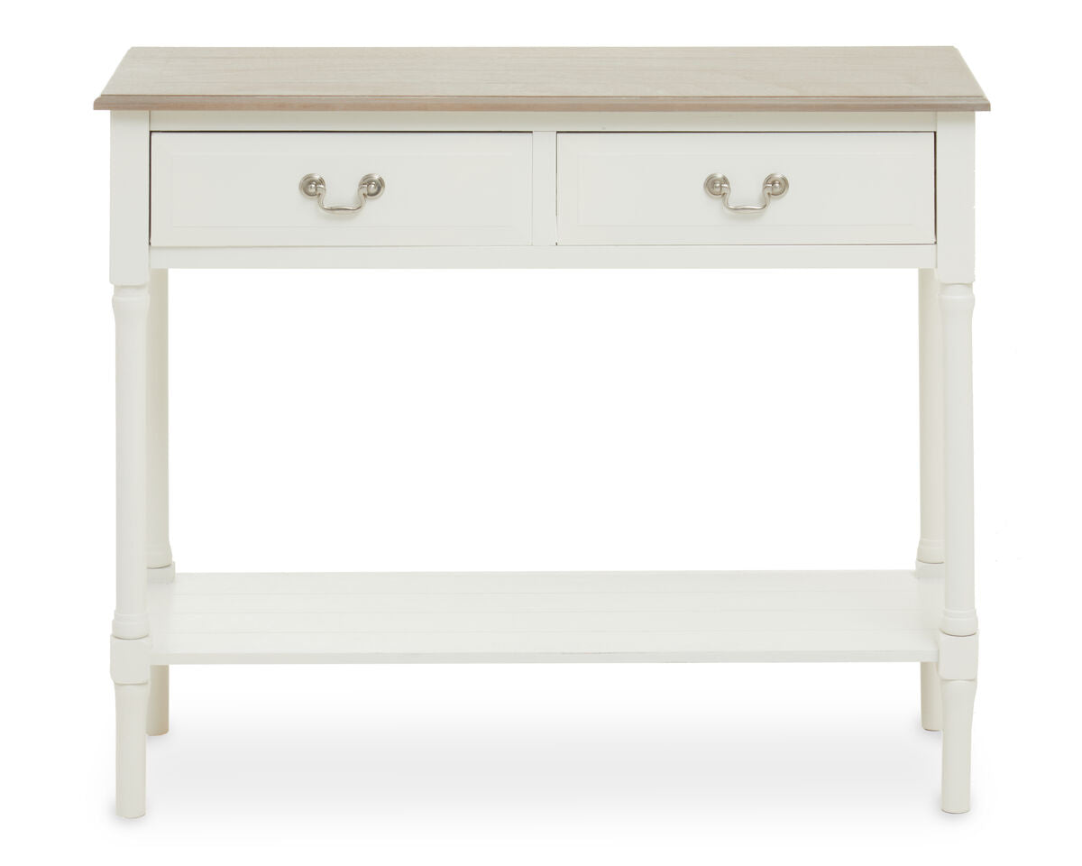 Natural Wood Frame and White 2 Drawer Pine Wood Side Table with Lower Storage Shelf, Heritage